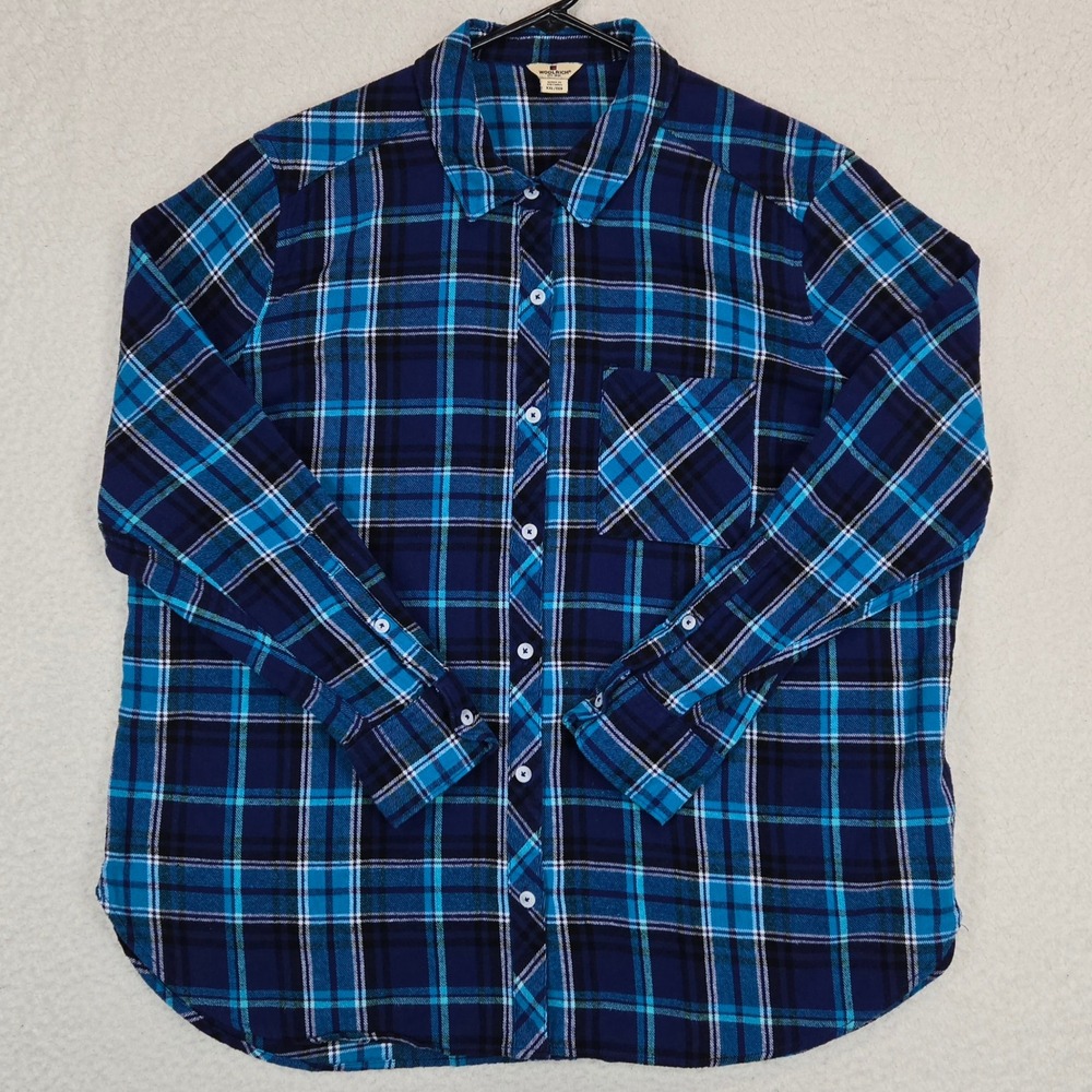 Woolrich Plaid Flannel Shirt Womens XXL Blue Navy Soft Lightweight Button Down‎ - Picture 3 of 11